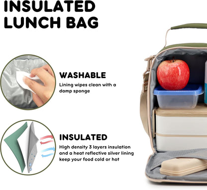 Cole Insulated Lunch Bag with Water Bottle Holder. 40oz Water Bottle Carrier Compatible w/ 40 oz Owala/Stanley Cups. Tall Thermal Crossbody Lunch Box with Strap, Olive Green