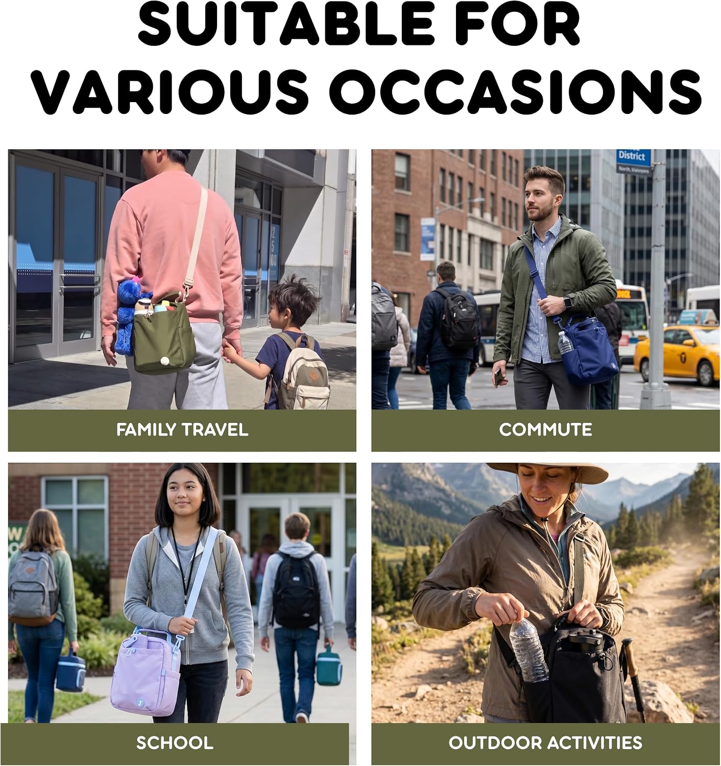 Cole Insulated Lunch Bag with Water Bottle Holder. 40oz Water Bottle Carrier Compatible w/ 40 oz Owala/Stanley Cups. Tall Thermal Crossbody Lunch Box with Strap, Olive Green