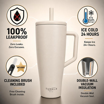 40 oz Tumbler With Straw and Handle, Leak Proof, Beige, 40 fl oz