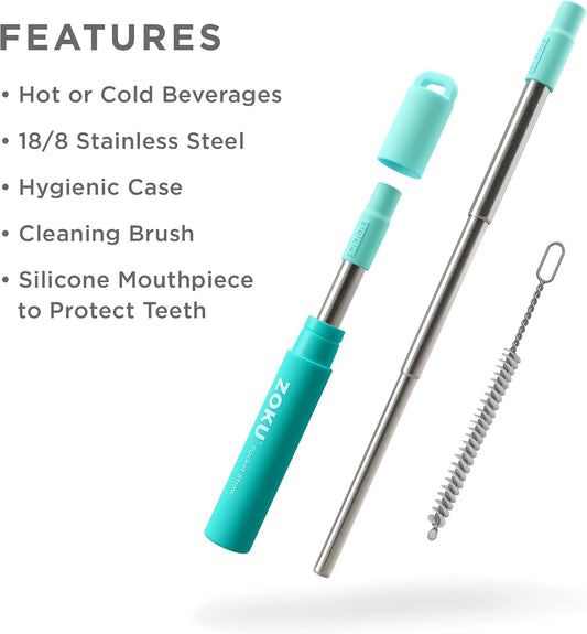 Reusable Metal Straw with Case, Collapsible Travel Straw - Teal