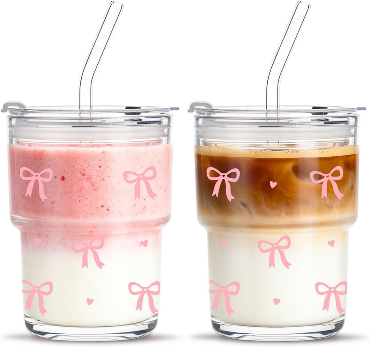13 oz Iced Coffee Cups with Lids and Straw, Set of 2 Glass Tumbler