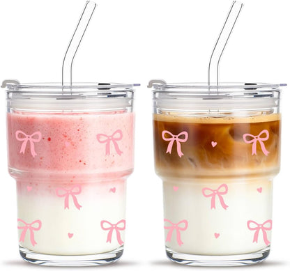 13 oz Iced Coffee Cups with Lids and Straw, Set of 2 Glass Tumbler