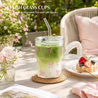 13 oz Iced Coffee Cups with Lids and Straw, Set of 2 Glass Tumbler