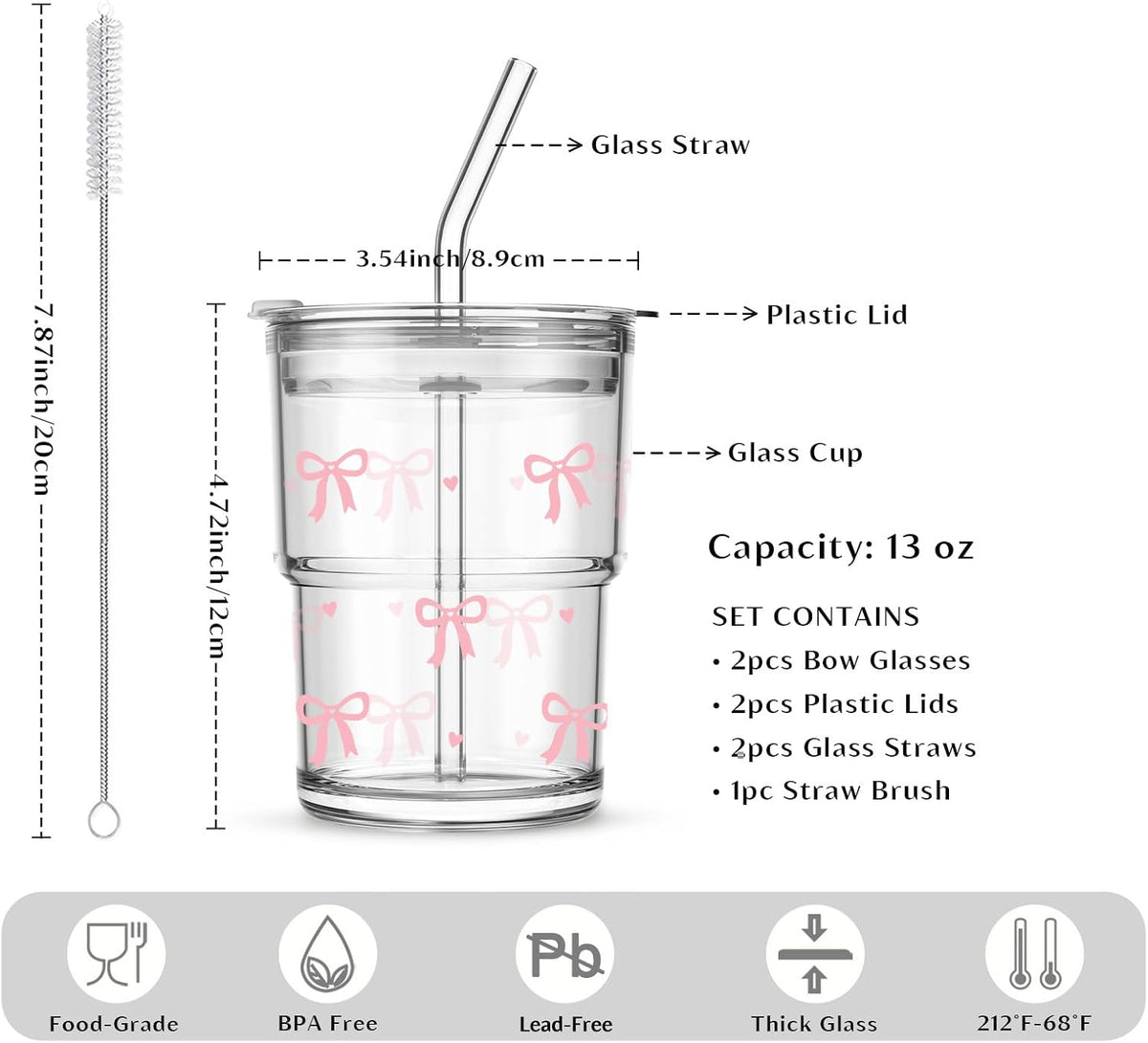 13 oz Iced Coffee Cups with Lids and Straw, Set of 2 Glass Tumbler