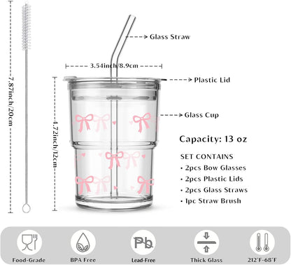 13 oz Iced Coffee Cups with Lids and Straw, Set of 2 Glass Tumbler