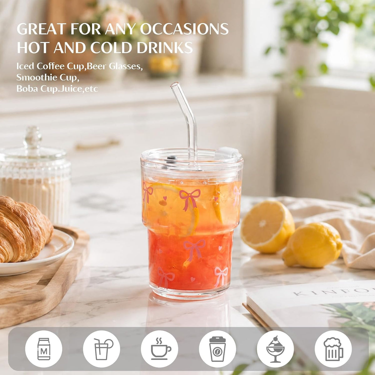 13 oz Iced Coffee Cups with Lids and Straw, Set of 2 Glass Tumbler