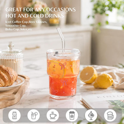 13 oz Iced Coffee Cups with Lids and Straw, Set of 2 Glass Tumbler