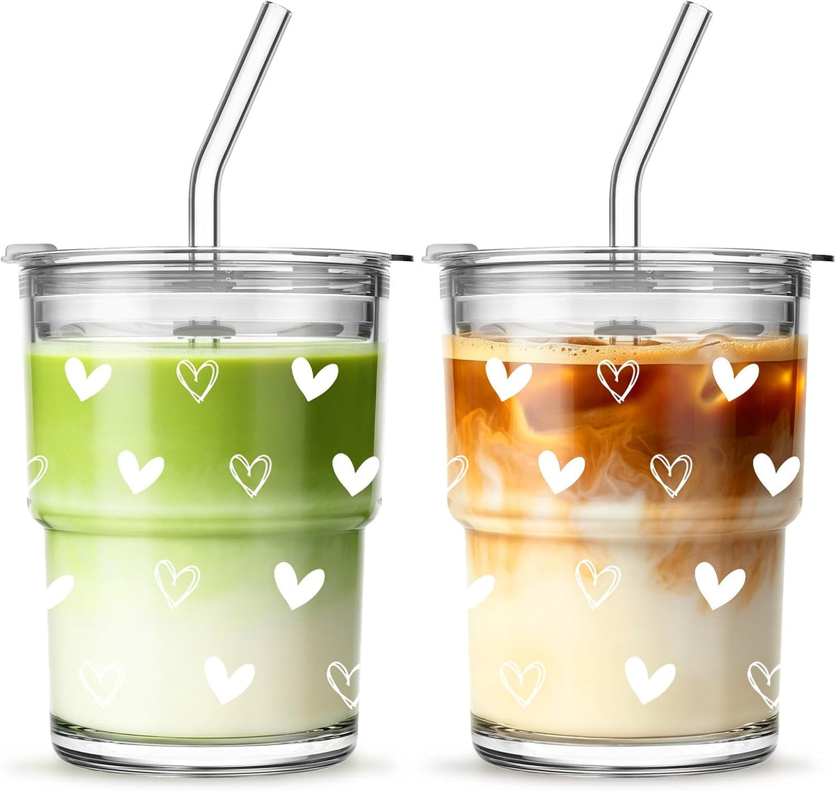 13 oz Iced Coffee Cups with Lids and Straw, Set of 2 Glass Tumbler