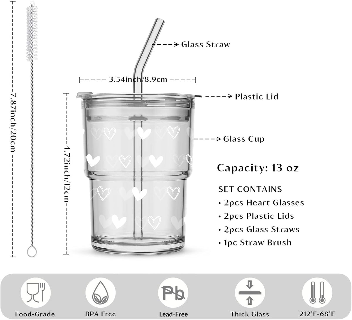 13 oz Iced Coffee Cups with Lids and Straw, Set of 2 Glass Tumbler