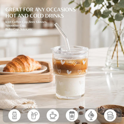 13 oz Iced Coffee Cups with Lids and Straw, Set of 2 Glass Tumbler