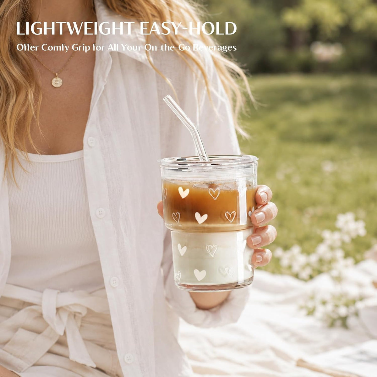 13 oz Iced Coffee Cups with Lids and Straw, Set of 2 Glass Tumbler