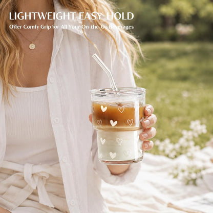 13 oz Iced Coffee Cups with Lids and Straw, Set of 2 Glass Tumbler