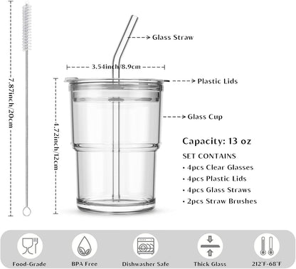 13 oz Iced Coffee Cups with Lids and Straw, Set of 2 Glass Tumbler