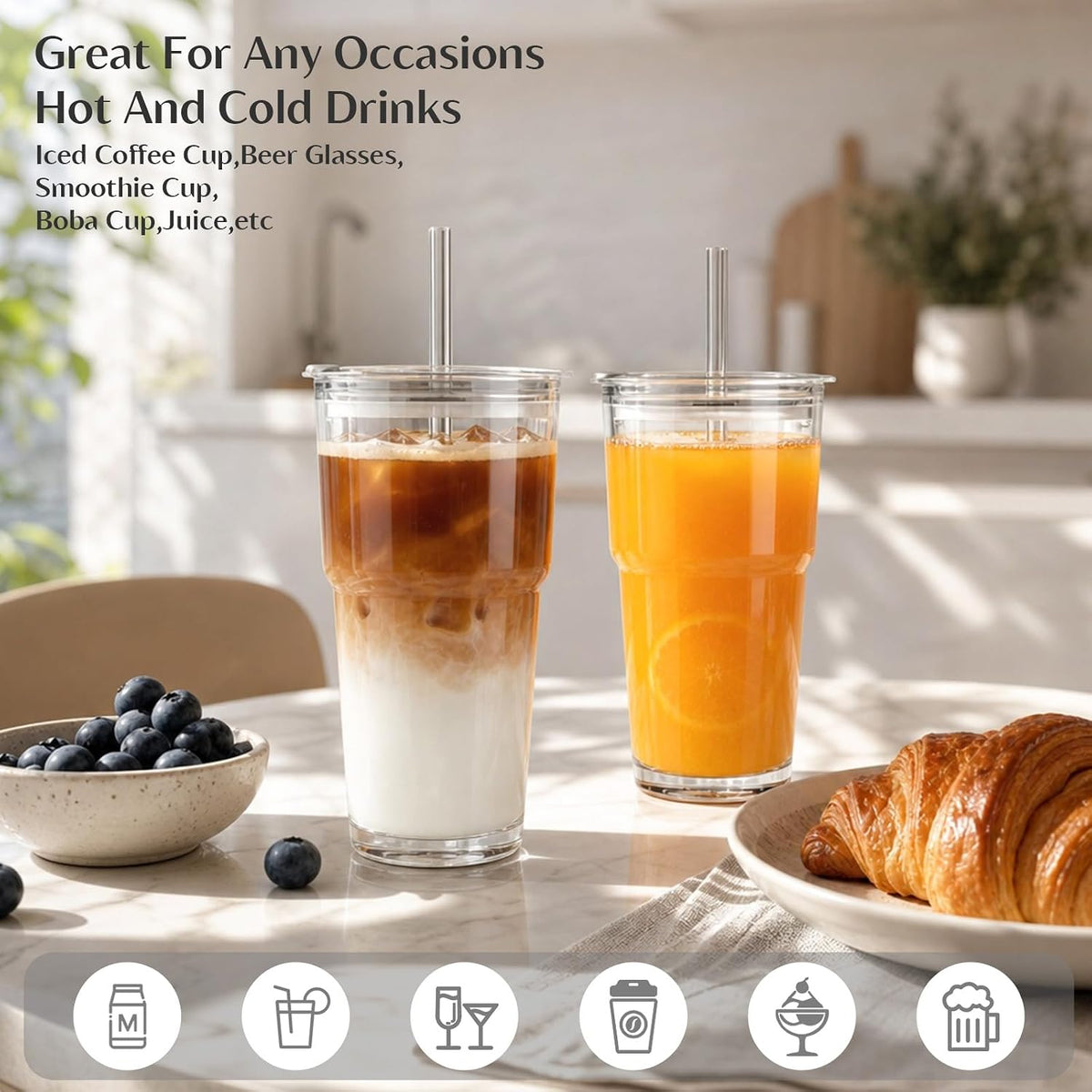 13 oz Iced Coffee Cups with Lids and Straw, Set of 2 Glass Tumbler