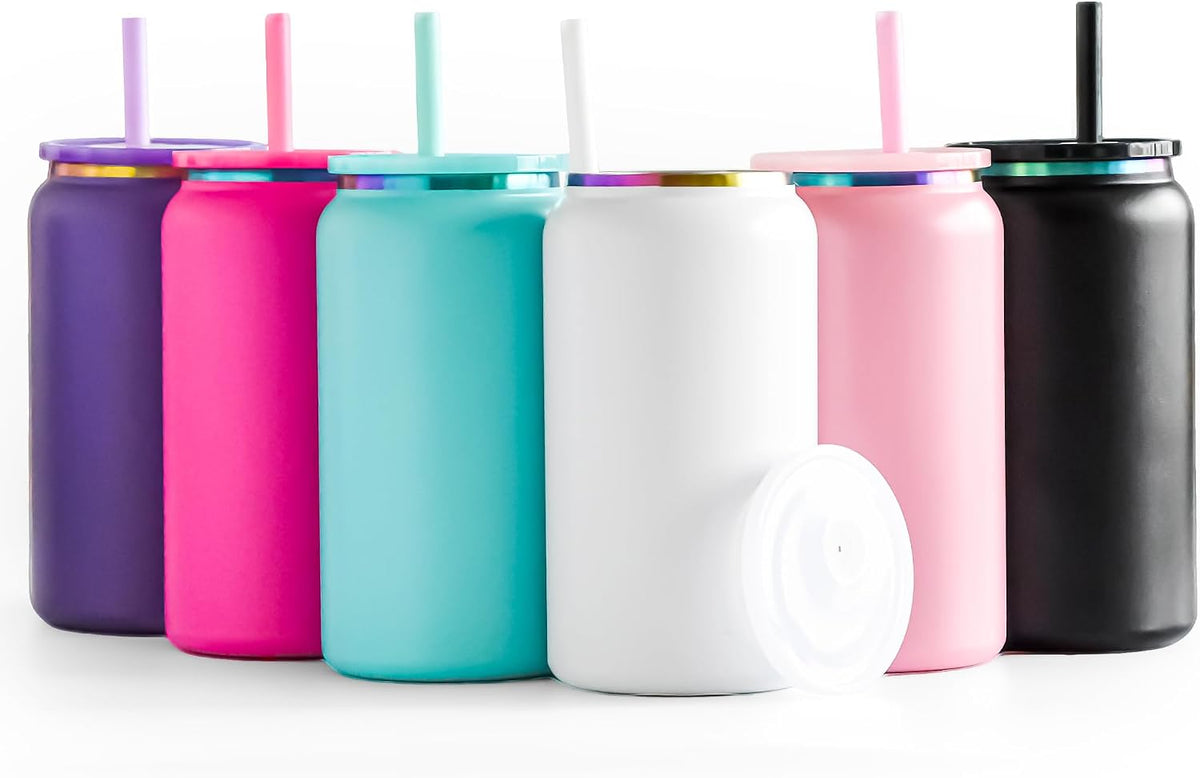 Stainless Steel Cups with Lids and Straws, 16 oz, 6 Pcs, Matte-Color