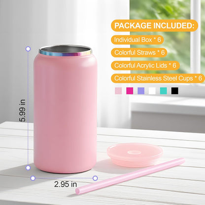 Stainless Steel Cups with Lids and Straws, 16 oz, 6 Pcs, Matte-Color
