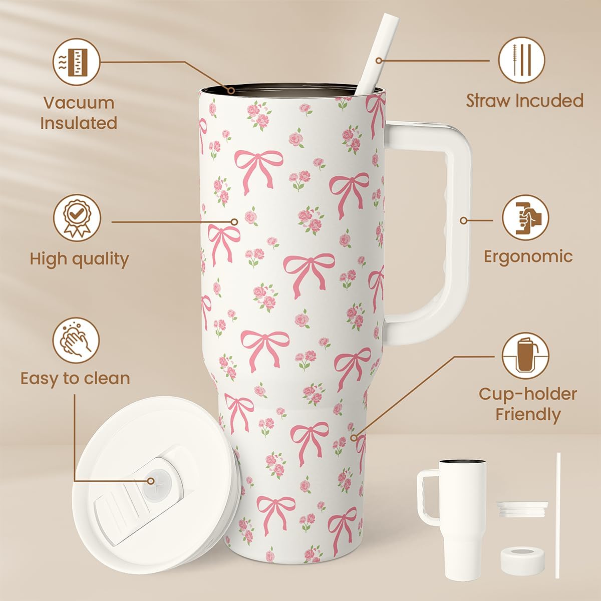 Pickleball 40oz Tumbler With Handle and Straw, Pickleball Queen Insulated Stainless Steel Travel Coffee Mug for Women Girls Players, Gift Idea for Birthday Christmas Mothers Day