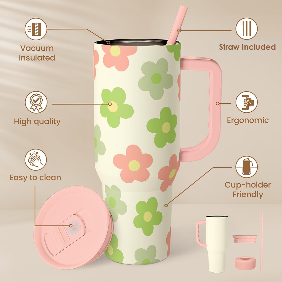 Pickleball 40oz Tumbler With Handle and Straw, Pickleball Queen Insulated Stainless Steel Travel Coffee Mug for Women Girls Players, Gift Idea for Birthday Christmas Mothers Day