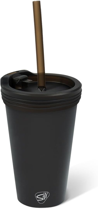 16oz Silicone Straw Tumbler with 2-in-1 Lid – Unbreakable, Non-Toxic, Dishwasher Safe & Spill Proof Tumbler – Leakproof Travel Mug for Coffee, Juice, Cocktail (Classic Green, smoke)