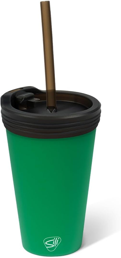 16oz Silicone Straw Tumbler with 2-in-1 Lid – Unbreakable, Non-Toxic, Dishwasher Safe & Spill Proof Tumbler – Leakproof Travel Mug for Coffee, Juice, Cocktail (Classic Green, smoke)