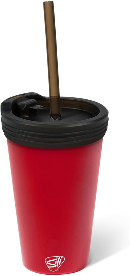 16oz Silicone Straw Tumbler with 2-in-1 Lid – Unbreakable, Non-Toxic, Dishwasher Safe & Spill Proof Tumbler – Leakproof Travel Mug for Coffee, Juice, Cocktail (Classic Green, smoke)