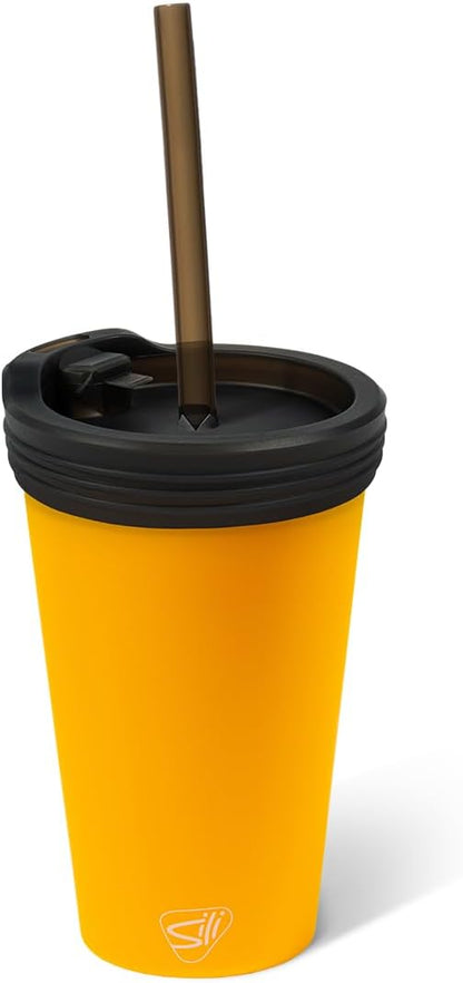 16oz Silicone Straw Tumbler with 2-in-1 Lid – Unbreakable, Non-Toxic, Dishwasher Safe & Spill Proof Tumbler – Leakproof Travel Mug for Coffee, Juice, Cocktail (Classic Green, smoke)