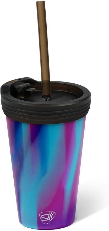 16oz Silicone Straw Tumbler with 2-in-1 Lid – Unbreakable, Non-Toxic, Dishwasher Safe & Spill Proof Tumbler – Leakproof Travel Mug for Coffee, Juice, Cocktail (Classic Green, smoke)