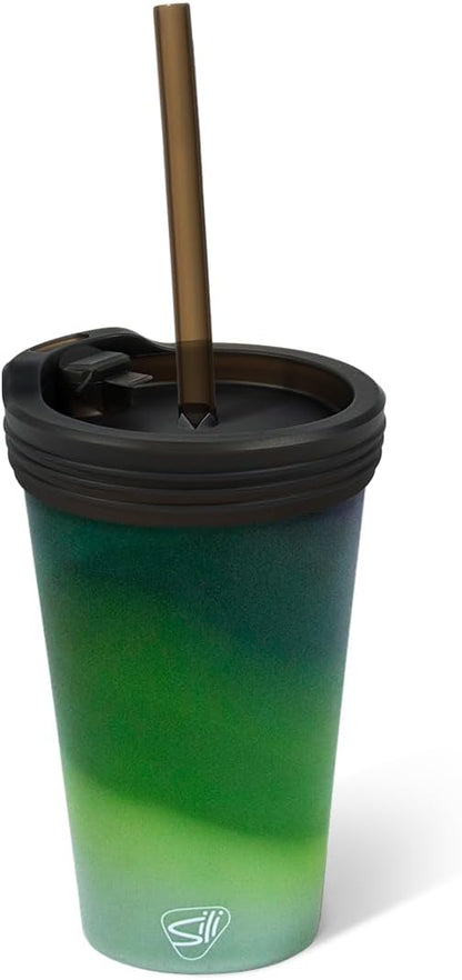 16oz Silicone Straw Tumbler with 2-in-1 Lid – Unbreakable, Non-Toxic, Dishwasher Safe & Spill Proof Tumbler – Leakproof Travel Mug for Coffee, Juice, Cocktail (Classic Green, smoke)