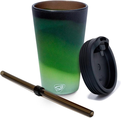 16oz Silicone Straw Tumbler with 2-in-1 Lid – Unbreakable, Non-Toxic, Dishwasher Safe & Spill Proof Tumbler – Leakproof Travel Mug for Coffee, Juice, Cocktail (Classic Green, smoke)