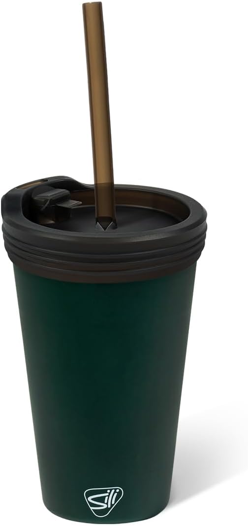 16oz Silicone Straw Tumbler with 2-in-1 Lid – Unbreakable, Non-Toxic, Dishwasher Safe & Spill Proof Tumbler – Leakproof Travel Mug for Coffee, Juice, Cocktail (Classic Green, smoke)