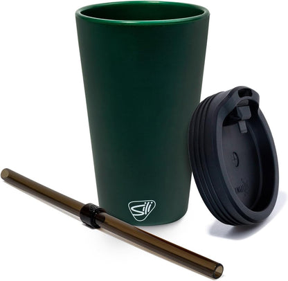 16oz Silicone Straw Tumbler with 2-in-1 Lid – Unbreakable, Non-Toxic, Dishwasher Safe & Spill Proof Tumbler – Leakproof Travel Mug for Coffee, Juice, Cocktail (Classic Green, smoke)
