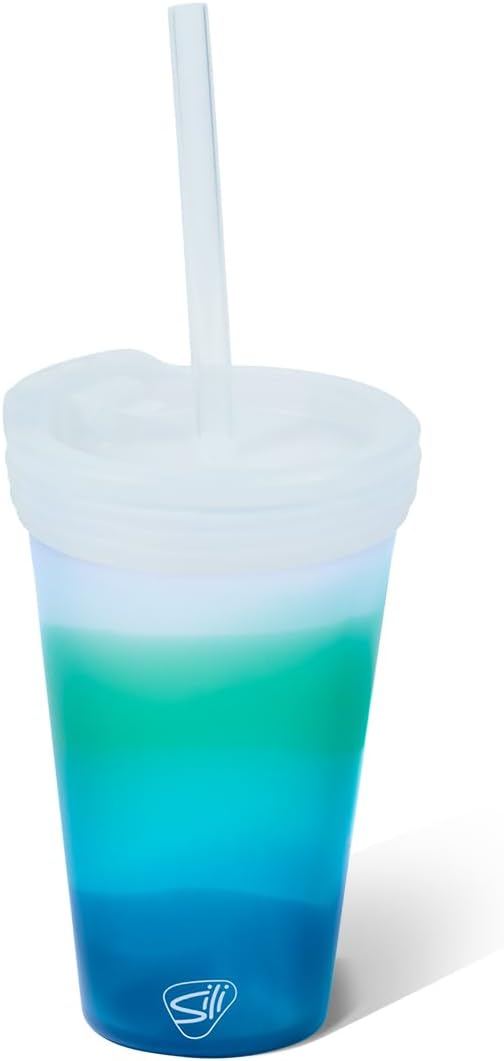 16oz Silicone Straw Tumbler with 2-in-1 Lid – Unbreakable, Non-Toxic, Dishwasher Safe & Spill Proof Tumbler – Leakproof Travel Mug for Coffee, Juice, Cocktail (Classic Green, smoke)