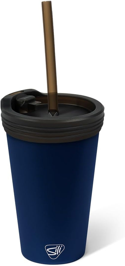 16oz Silicone Straw Tumbler with 2-in-1 Lid – Unbreakable, Non-Toxic, Dishwasher Safe & Spill Proof Tumbler – Leakproof Travel Mug for Coffee, Juice, Cocktail (Classic Green, smoke)