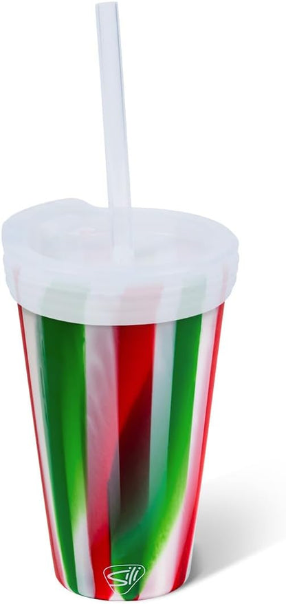 16oz Silicone Straw Tumbler with 2-in-1 Lid – Unbreakable, Non-Toxic, Dishwasher Safe & Spill Proof Tumbler – Leakproof Travel Mug for Coffee, Juice, Cocktail (Classic Green, smoke)