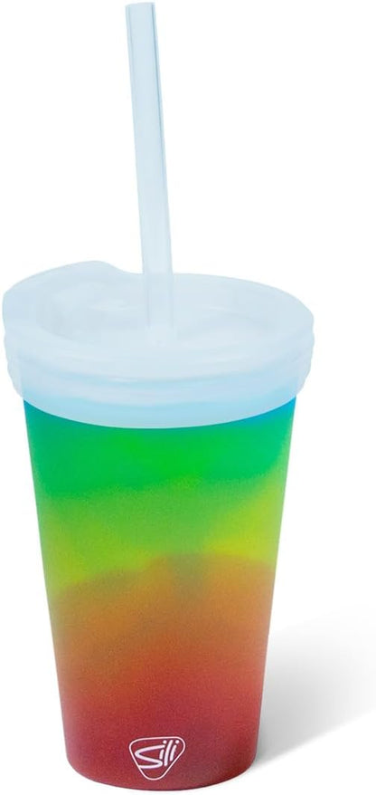 16oz Silicone Straw Tumbler with 2-in-1 Lid – Unbreakable, Non-Toxic, Dishwasher Safe & Spill Proof Tumbler – Leakproof Travel Mug for Coffee, Juice, Cocktail (Classic Green, smoke)