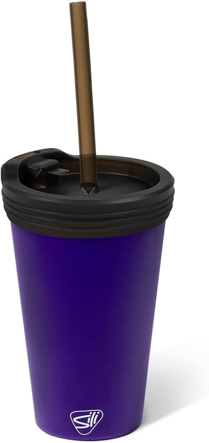 16oz Silicone Straw Tumbler with 2-in-1 Lid – Unbreakable, Non-Toxic, Dishwasher Safe & Spill Proof Tumbler – Leakproof Travel Mug for Coffee, Juice, Cocktail (Classic Green, smoke)
