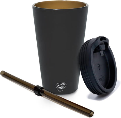 16oz Silicone Straw Tumbler with 2-in-1 Lid – Unbreakable, Non-Toxic, Dishwasher Safe & Spill Proof Tumbler – Leakproof Travel Mug for Coffee, Juice, Cocktail (Classic Green, smoke)