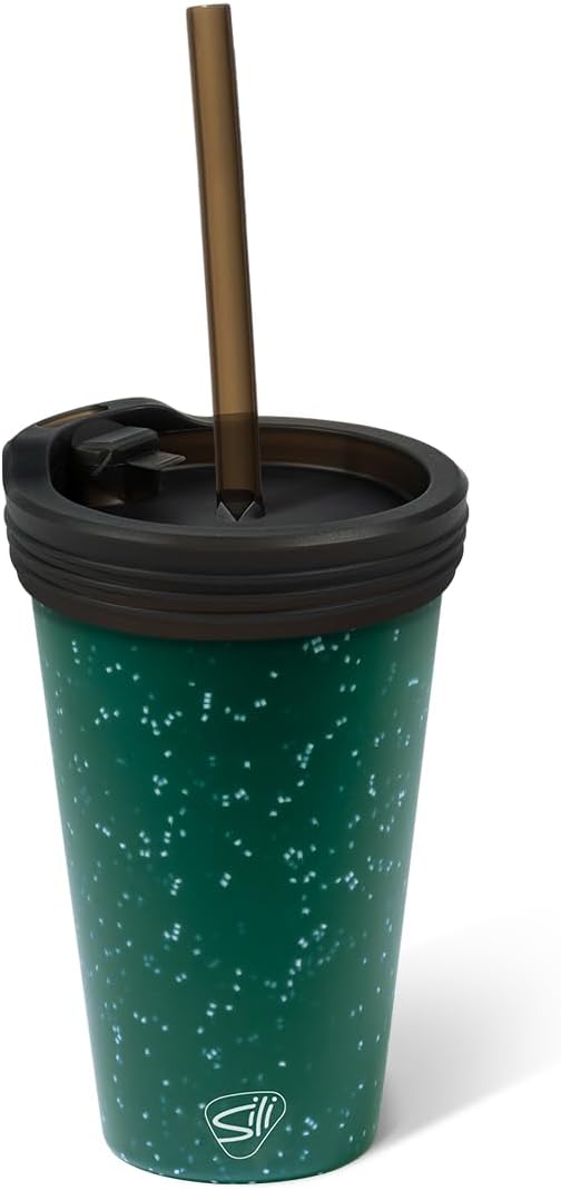 16oz Silicone Straw Tumbler with 2-in-1 Lid – Unbreakable, Non-Toxic, Dishwasher Safe & Spill Proof Tumbler – Leakproof Travel Mug for Coffee, Juice, Cocktail (Classic Green, smoke)