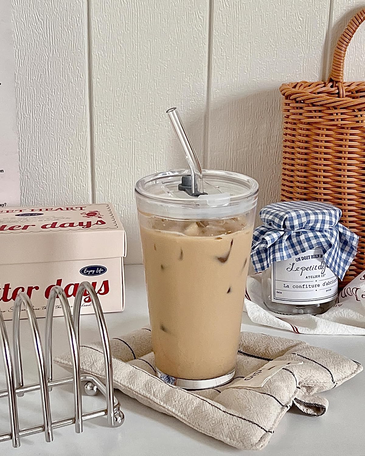 15oz Glass Tumbler with Straw and Lid, Cute Iced Coffee Cups, Aesthetic Glass Cups, Coffee Tumbler, Water Cup, Matcha Cup, Drinking Glasses (Clear)