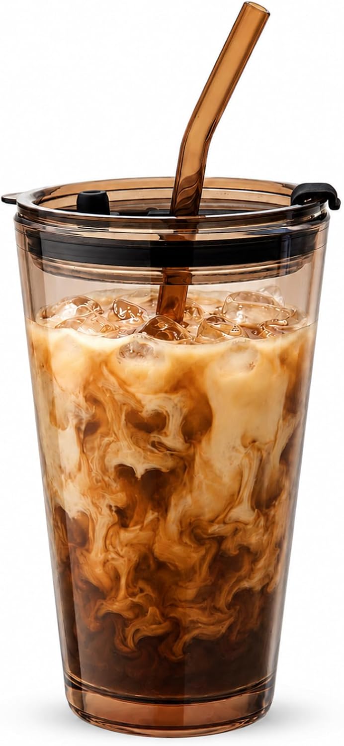 15oz Glass Tumbler with Straw and Lid, Cute Iced Coffee Cups, Aesthetic Glass Cups, Coffee Tumbler, Water Cup, Matcha Cup, Drinking Glasses (Clear)