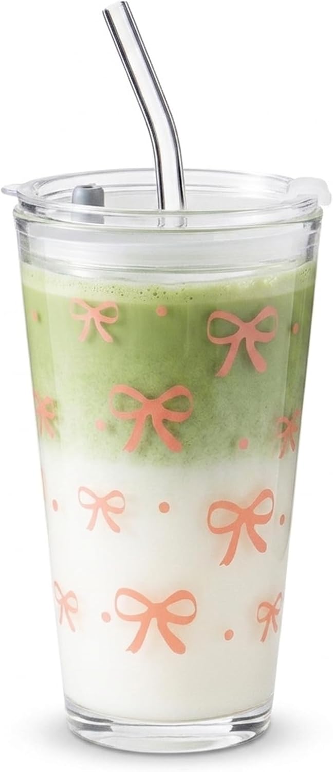 15oz Glass Tumbler with Straw and Lid, Cute Iced Coffee Cups, Aesthetic Glass Cups, Coffee Tumbler, Water Cup, Matcha Cup, Drinking Glasses (Clear)