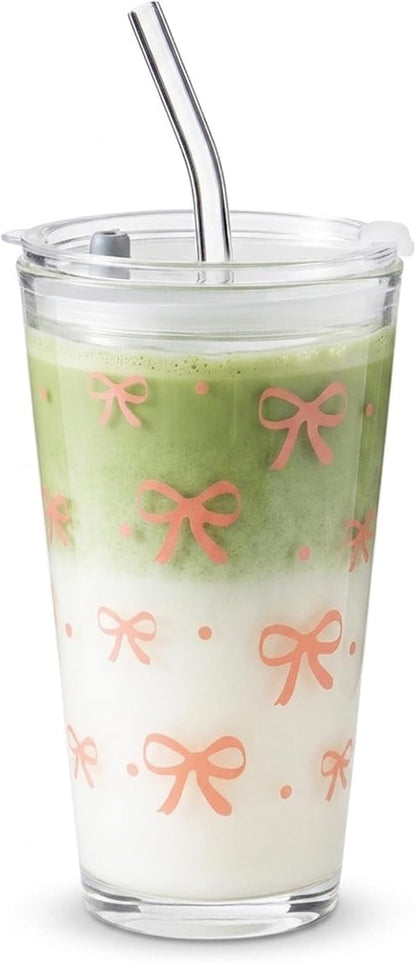 15oz Glass Tumbler with Straw and Lid, Cute Iced Coffee Cups, Aesthetic Glass Cups, Coffee Tumbler, Water Cup, Matcha Cup, Drinking Glasses (Clear)