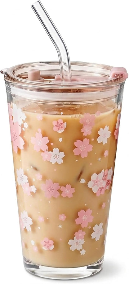 15oz Glass Tumbler with Straw and Lid, Cute Iced Coffee Cups, Aesthetic Glass Cups, Coffee Tumbler, Water Cup, Matcha Cup, Drinking Glasses (Clear)