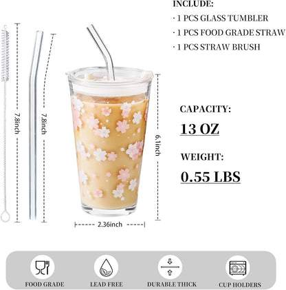 15oz Glass Tumbler with Straw and Lid, Cute Iced Coffee Cups, Aesthetic Glass Cups, Coffee Tumbler, Water Cup, Matcha Cup, Drinking Glasses (Clear)