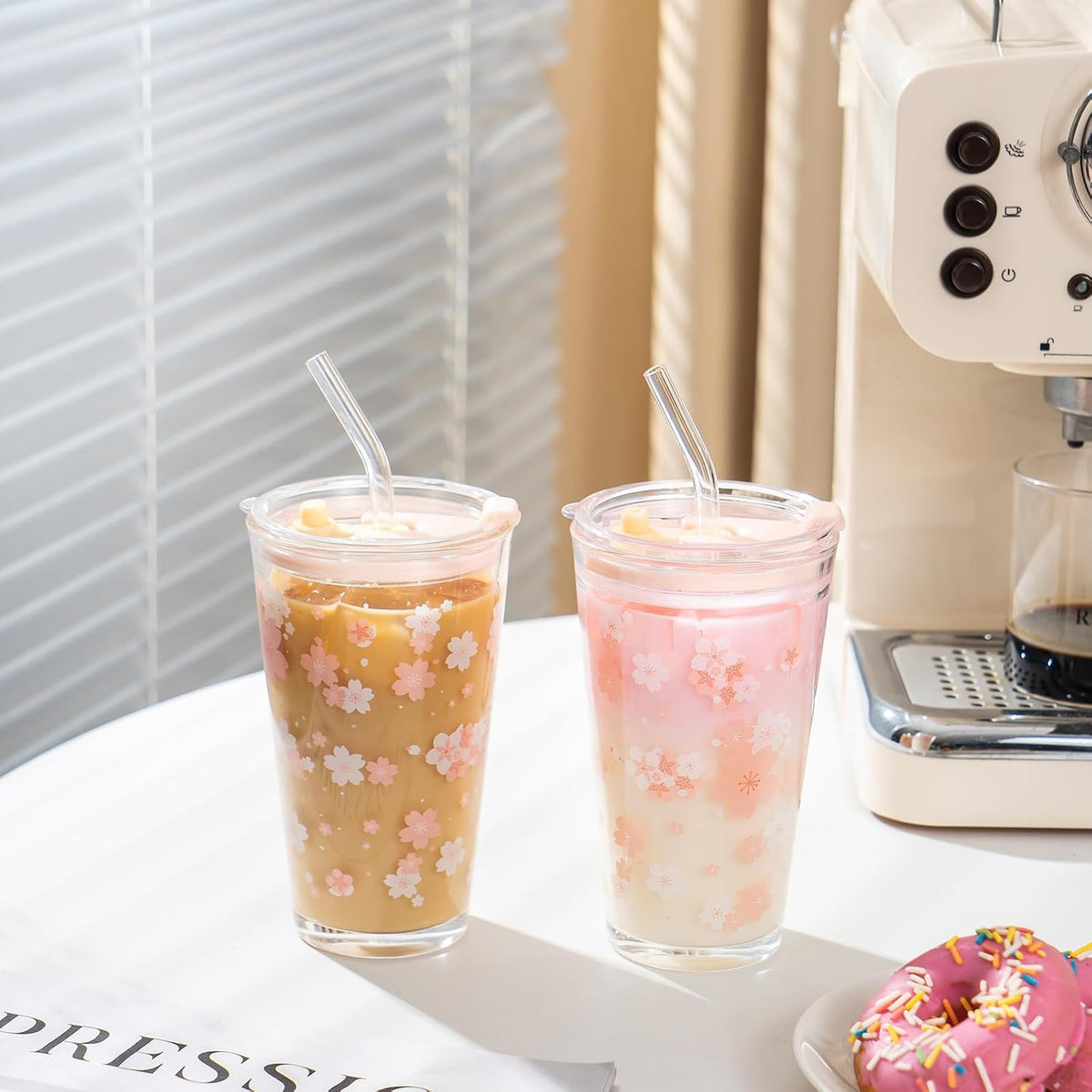 15oz Glass Tumbler with Straw and Lid, Cute Iced Coffee Cups, Aesthetic Glass Cups, Coffee Tumbler, Water Cup, Matcha Cup, Drinking Glasses (Clear)
