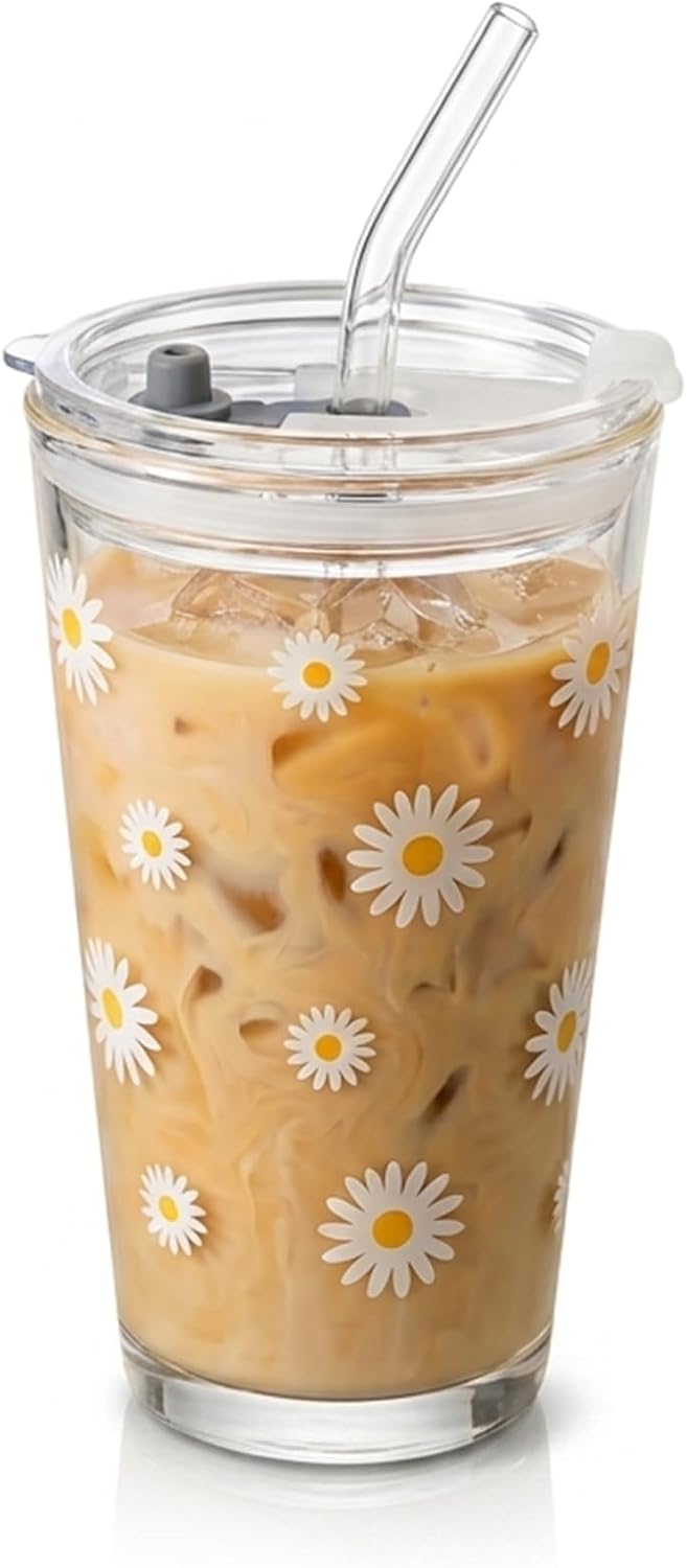 15oz Glass Tumbler with Straw and Lid, Cute Iced Coffee Cups, Aesthetic Glass Cups, Coffee Tumbler, Water Cup, Matcha Cup, Drinking Glasses (Clear)