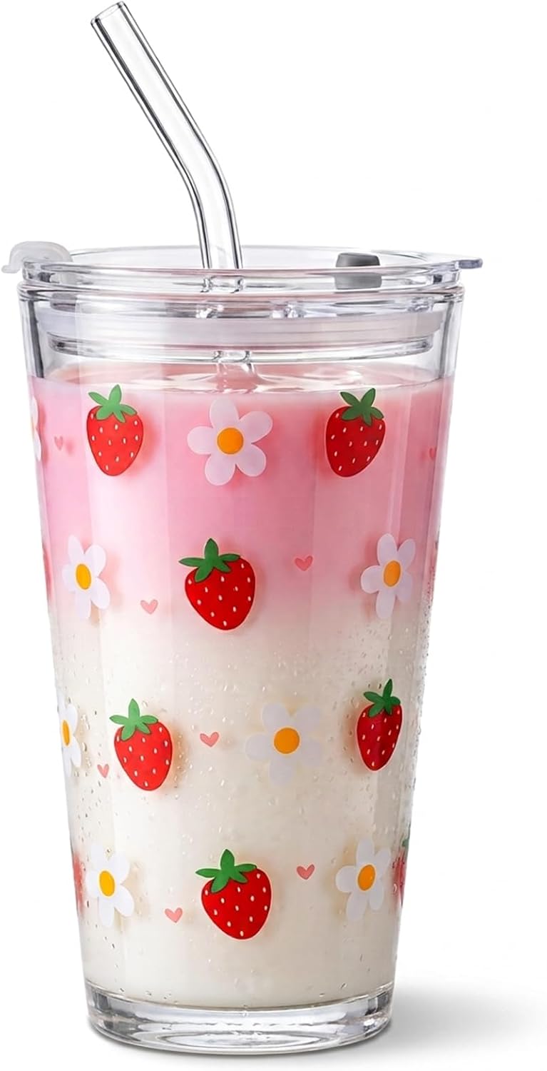 15oz Glass Tumbler with Straw and Lid, Cute Iced Coffee Cups, Aesthetic Glass Cups, Coffee Tumbler, Water Cup, Matcha Cup, Drinking Glasses (Clear)