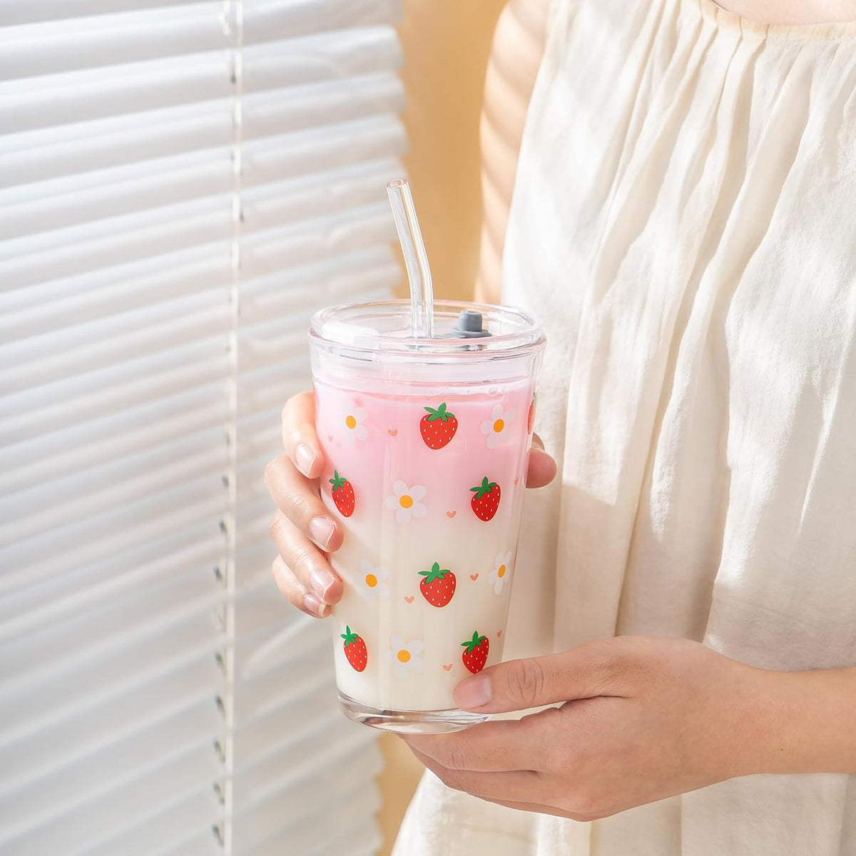 15oz Glass Tumbler with Straw and Lid, Cute Iced Coffee Cups, Aesthetic Glass Cups, Coffee Tumbler, Water Cup, Matcha Cup, Drinking Glasses (Clear)
