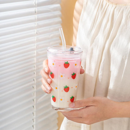 15oz Glass Tumbler with Straw and Lid, Cute Iced Coffee Cups, Aesthetic Glass Cups, Coffee Tumbler, Water Cup, Matcha Cup, Drinking Glasses (Clear)