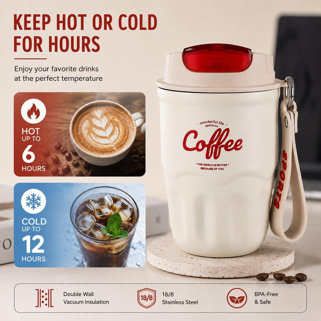 Coffee Vacuum Flask, 2026 New Portable Travel Insulated Coffee Mug with Lid & Handle, Spill & Leak Proof, Stainless Steel Insulated Water Bottle for Hot and Cold Drinks (Red, Standard)